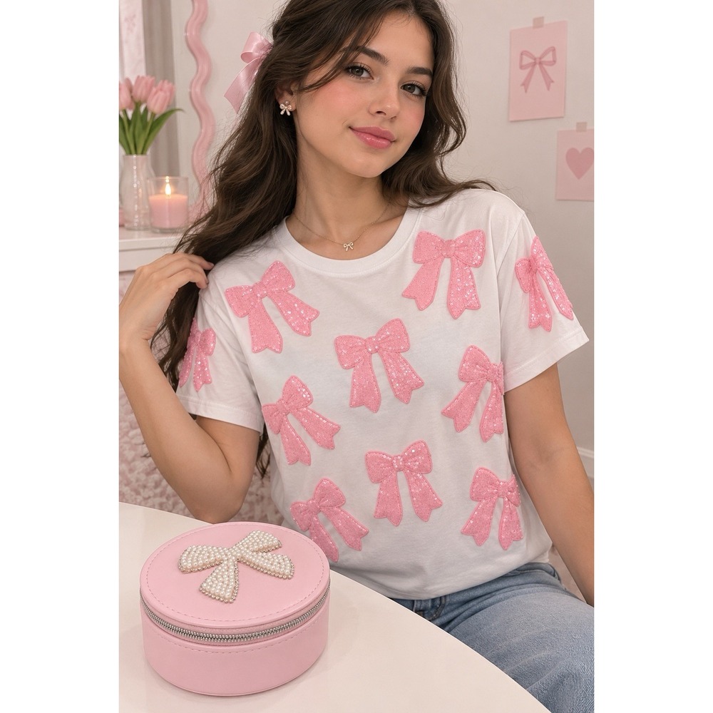 Abluca Boutique Bow Sequin T-Shirt White Pink Cotton Tee Women's XS Coquette